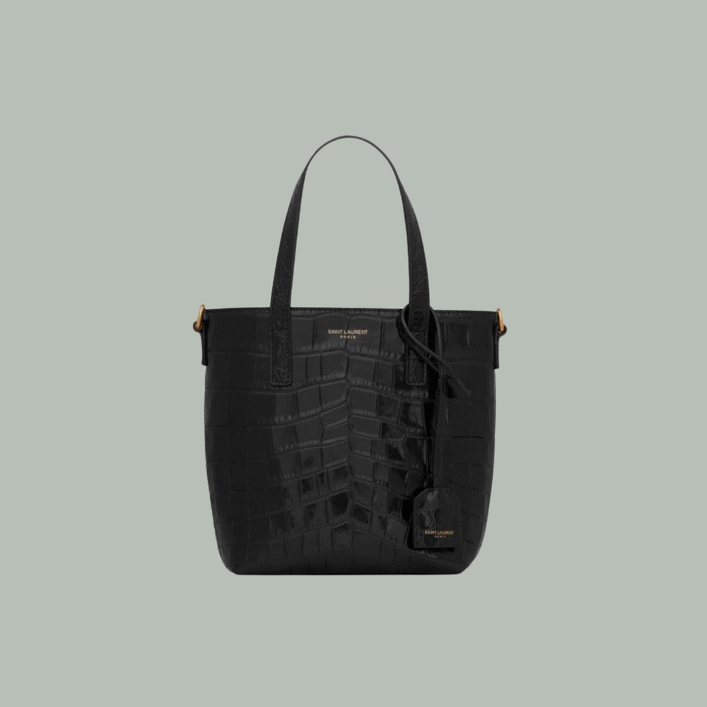 Mini toy shopping Saint Laurent in leather in crocodile-embosed leather black